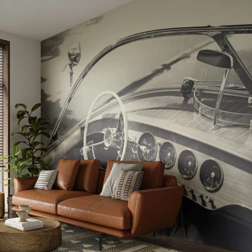 Öntapadós Fotótapéta Deluxe Sticker - Időjárás a gazdagoknak - Vintage hajó, Motorcsónak, Fekete és fehér - 250x175 cm
