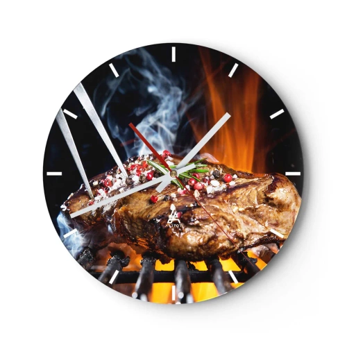Falióra, Óra - Lédús steak a grillen, a háttérben tűzzel - 30x30cm - Lédús és illatos - Modern fali dekoráció nappalihoz, konyhához és hálószobához ARTTOR