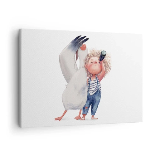 Vászonkép - Illusztráció egy gyermekről pelikánnal és távcsővel a kezében - 70x50cm - Nagy utazási terve - Modern fali dekoráció nappalihoz és hálószobához ARTTOR