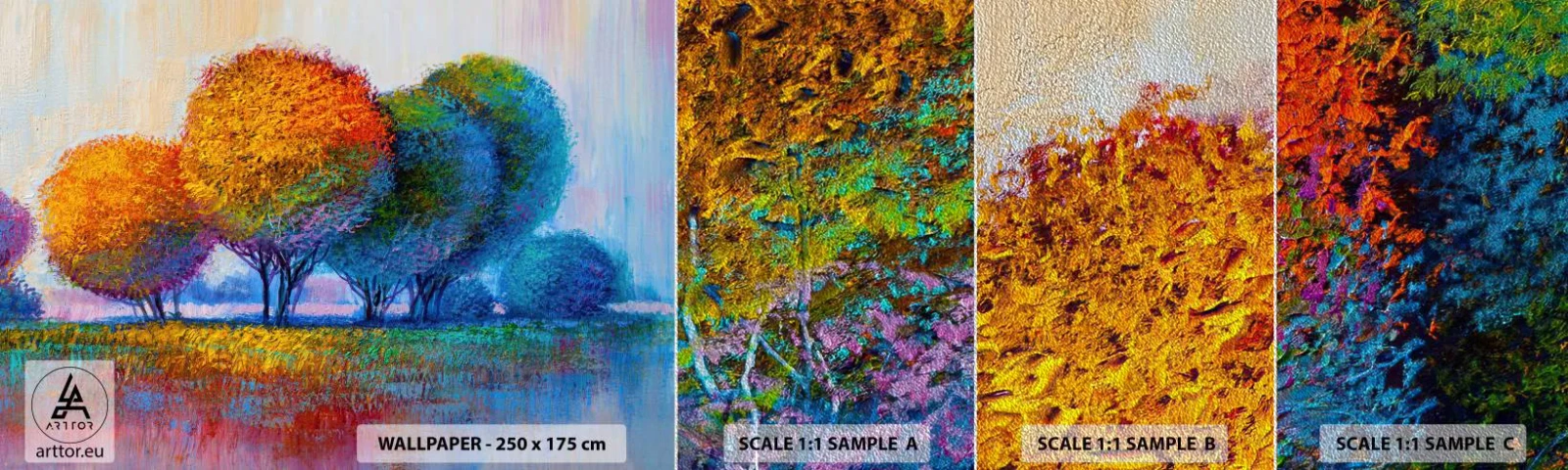 Fotótapéta Minta Premium Sand - Ragyogó színek csomója - Absztrakció, Tájkép, fák - 100x30 cm