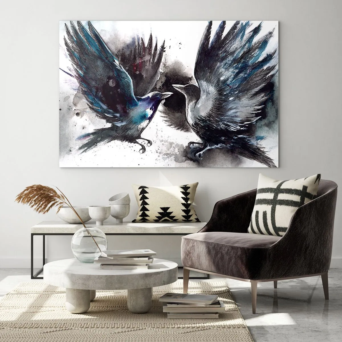 Üveg kép - Két holló dinamikus pózban, széttárt szárnyakkal - 70x50cm - Varjú a varjúnak… - Modern fali dekoráció nappalihoz és hálószobához ARTTOR