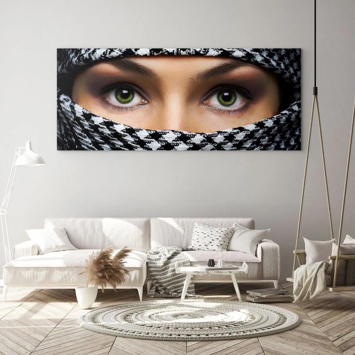 Üveg kép - Egy fátyolos zöld szemű szépség portréja - 100x40 cm