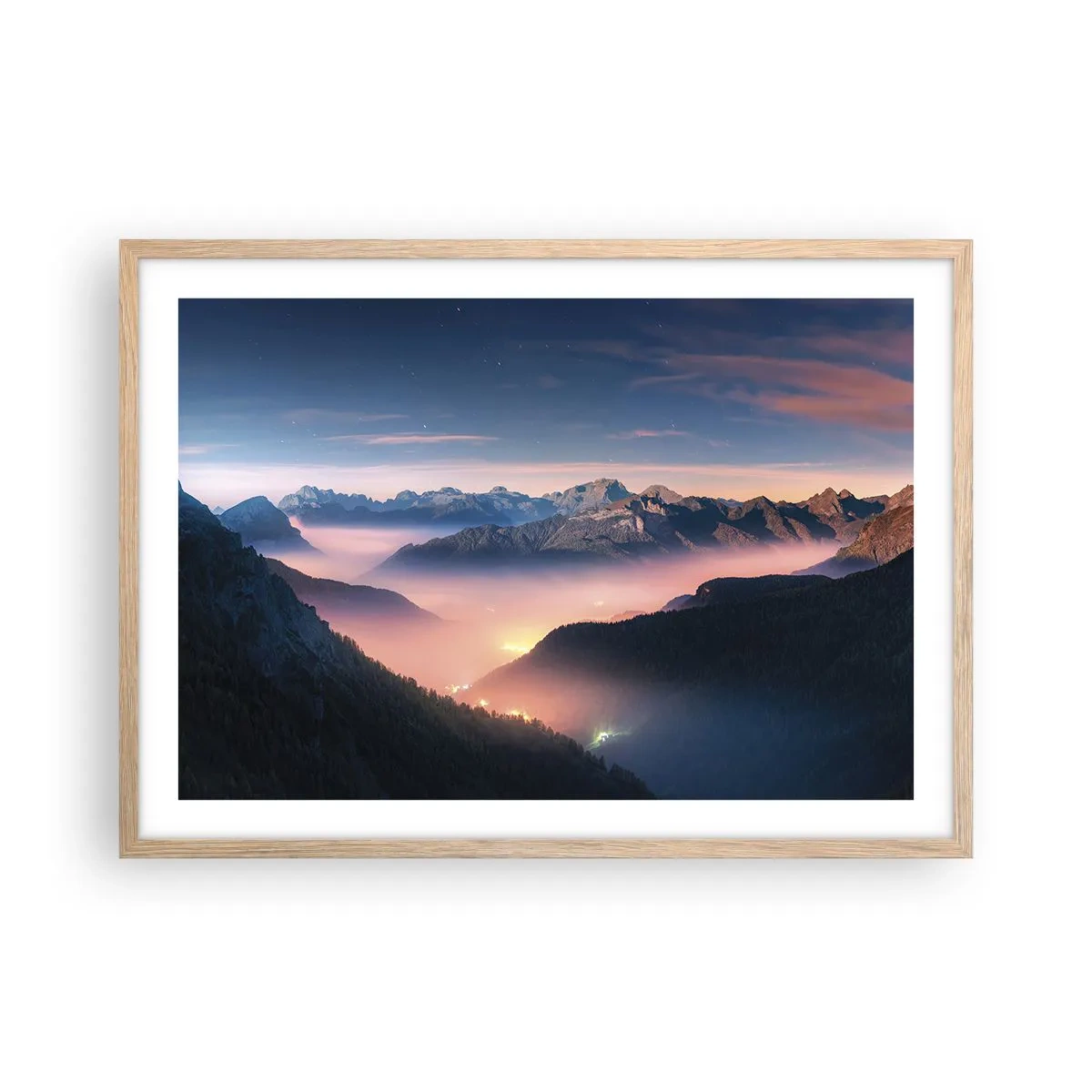 Poszter világos tölgy keretben - Fény a völgyekben - 70x50 cm