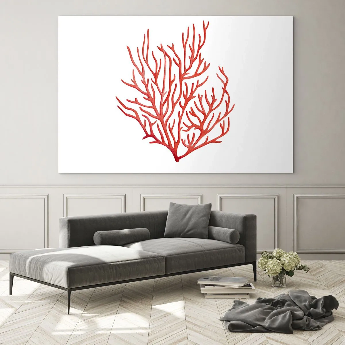 Üveg kép - Vörös korall filigrán szerkezettel fehér alapon - 70x50cm - Korall filigrán - Modern fali dekoráció nappalihoz és hálószobához ARTTOR