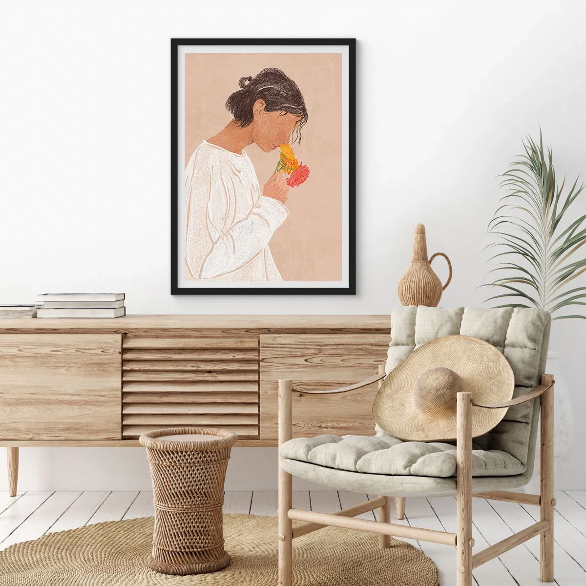 Poszter fehér keretben - Egy fehér ruhás nő virágokon tükröződik - 50x70cm - Lány és virágok - Modern fali dekoráció nappalihoz és hálószobához ARTTOR