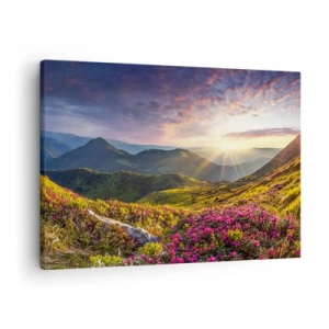 Vászonkép - Hegyi táj virágzó rododendronokkal - 70x50cm - A Hegyi reggeli frissesség - Modern fali dekoráció nappalihoz és hálószobához ARTTOR