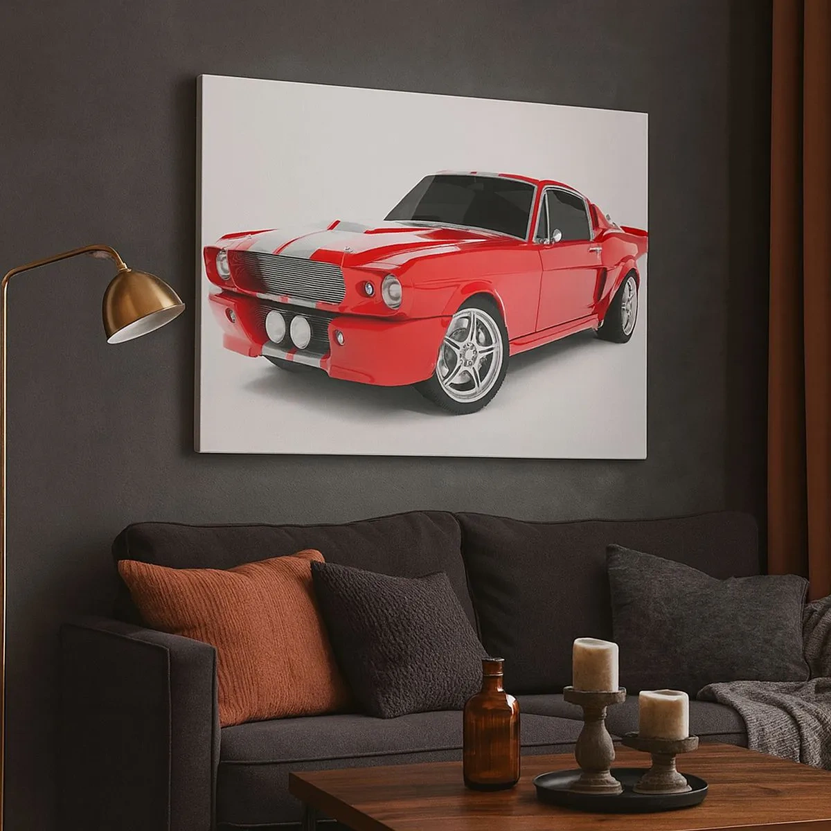 Vászonkép - Piros sportkocsi fehér csíkokkal - 70x50cm - Mustang olyan gyors, mint a szél - Modern fali dekoráció nappalihoz és hálószobához ARTTOR