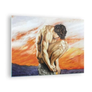 Üveg kép - Egy meztelen emberi test az intenzív narancssárga égbolt előtt. - 70x50cm - Elmerülve önmagában - Modern fali dekoráció nappalihoz és hálószobához ARTTOR