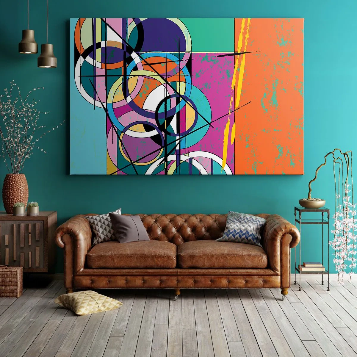 Vászonkép - Színes absztrakció geometrikus körökkel - 70x50cm - Kerékről kerékre - Modern fali dekoráció nappalihoz és hálószobához ARTTOR