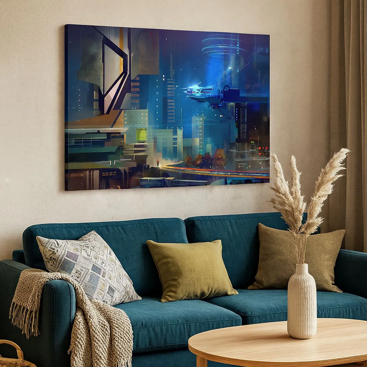 Vászonkép - Futurisztikus város éjszaka neonfényekkel és repülő járművel - 70x50cm - A közel jövőben - Modern fali dekoráció nappalihoz és hálószobához ARTTOR