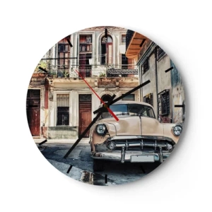 Falióra, Óra - Retro autó a régi építészet hátterében - 30x30cm - A szieszta Havannában - Modern fali dekoráció nappalihoz, konyhához és hálószobához ARTTOR