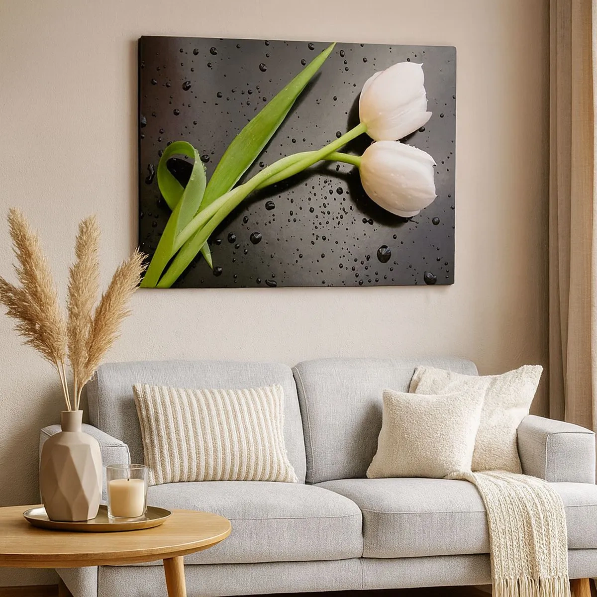 Vászonkép - Fehér tulipánok fekete alapon vízcseppekkel - 70x50cm - Tavaszi fonódás - Modern fali dekoráció nappalihoz és hálószobához ARTTOR