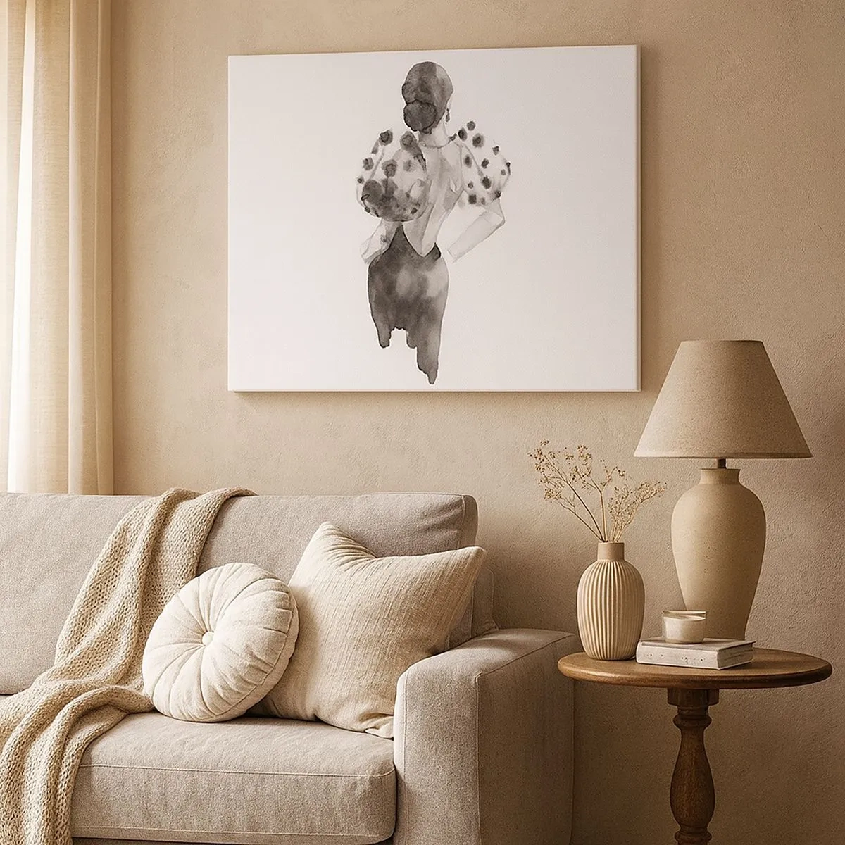 Vászonkép - Minimalista akvarell illusztráció egy nőről - 70x50cm - Egyenesen elsétált mellettem - Modern fali dekoráció nappalihoz és hálószobához ARTTOR