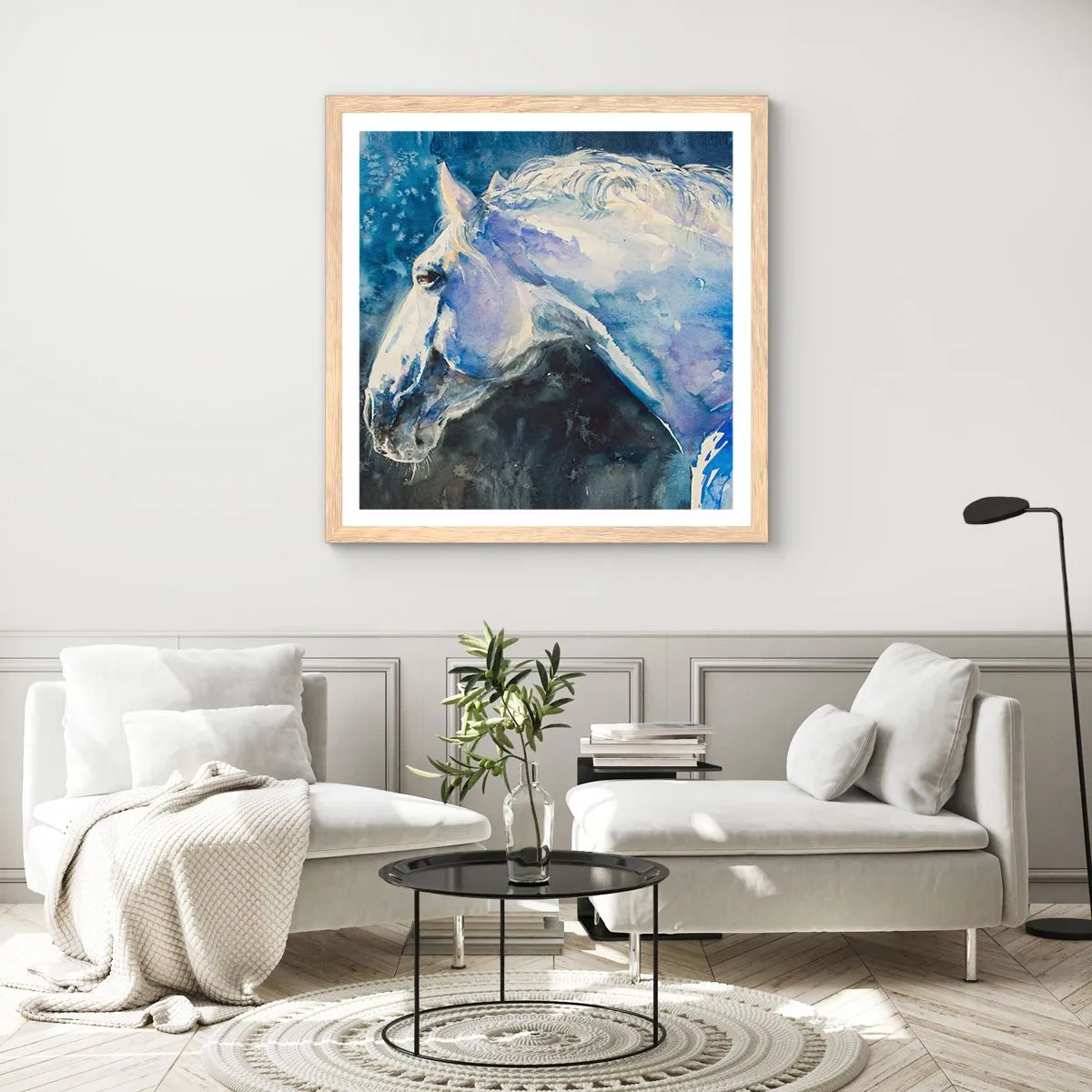 Poszter világos tölgy keretben - Portré kék fényben - 60x60 cm