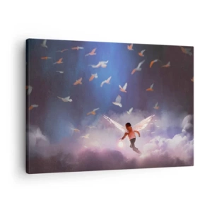 Vászonkép - Egy angyalszárnyú alak lebeg a madarak között az égen - 70x50cm - Képzeletre és bátorságra van szüksége - Modern fali dekoráció nappalihoz és hálószobához ARTTOR