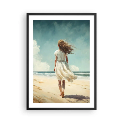 Poszter fehér keretben - Egy fehér ruhás nő sétál a tengerparton a tenger mellett. - 50x70cm - Találkozás a nappal és a széllel - Modern fali dekoráció nappalihoz és hálószobához ARTTOR