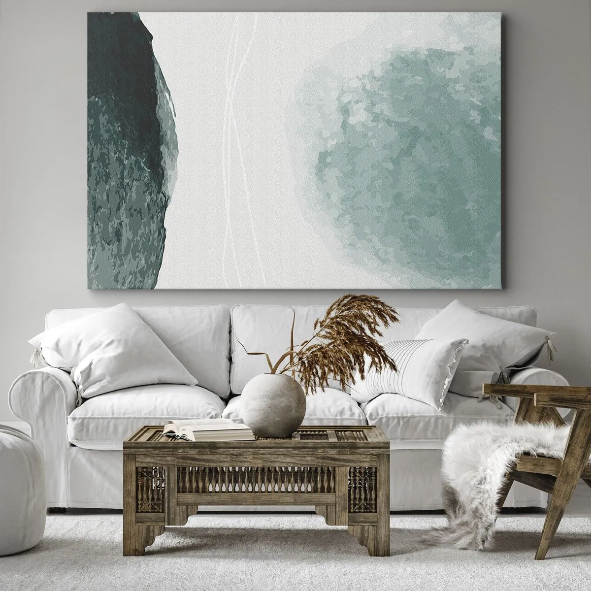 Vászonkép - Finom absztrakt kompozíció zöld árnyalatokban, finom formákkal világos háttéren. - 70x50cm - Találkozás a köddel - Modern fali dekoráció nappalihoz és hálószobához ARTTOR