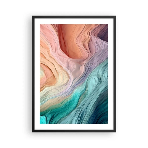 Poszter fehér keretben - Pasztellszínű hullámos vonalak absztrakt kompozíciója. - 50x70cm - Szivárványos hullám - Modern fali dekoráció nappalihoz és hálószobához ARTTOR