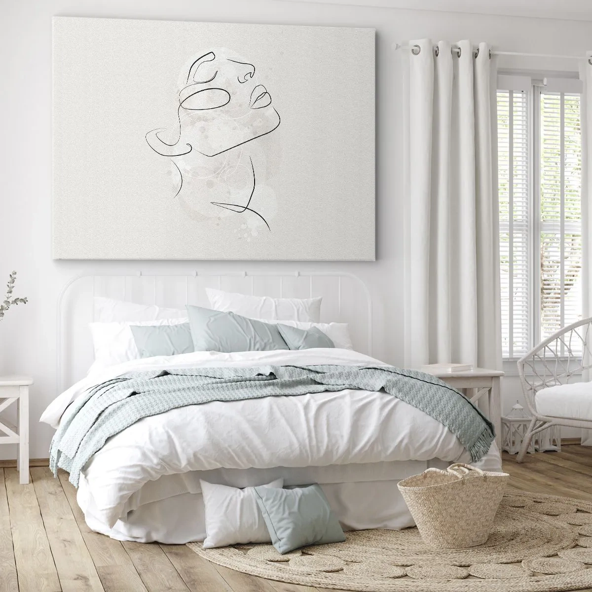 Vászonkép - Egy minimalista vázlat egy arcról világos háttér előtt - 70x50cm - Egy álom körvonala - Modern fali dekoráció nappalihoz és hálószobához ARTTOR