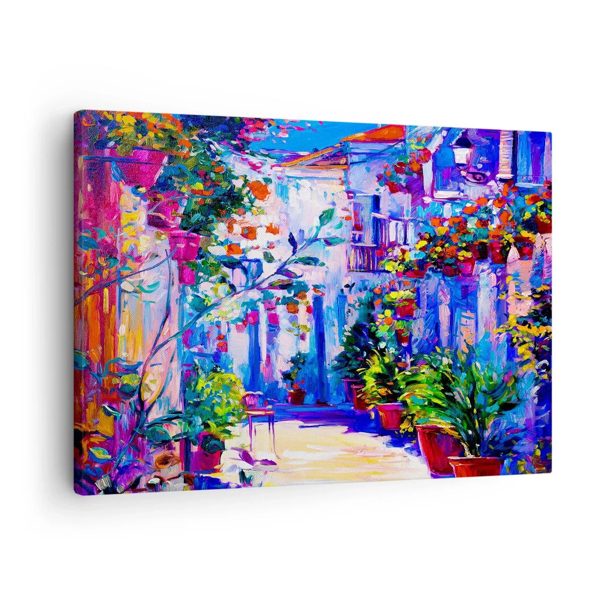 Vászonkép - Egy színes utca tele virágokkal - 70x50cm - Impresszió - olasz kis utca - Modern fali dekoráció nappalihoz és hálószobához ARTTOR