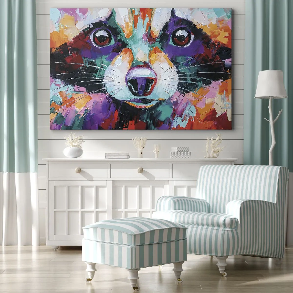 Vászonkép - Egy mosómedve színes portréja expresszív festészet stílusában. - 70x50cm - Csak jó érzelmek - Modern fali dekoráció nappalihoz és hálószobához ARTTOR