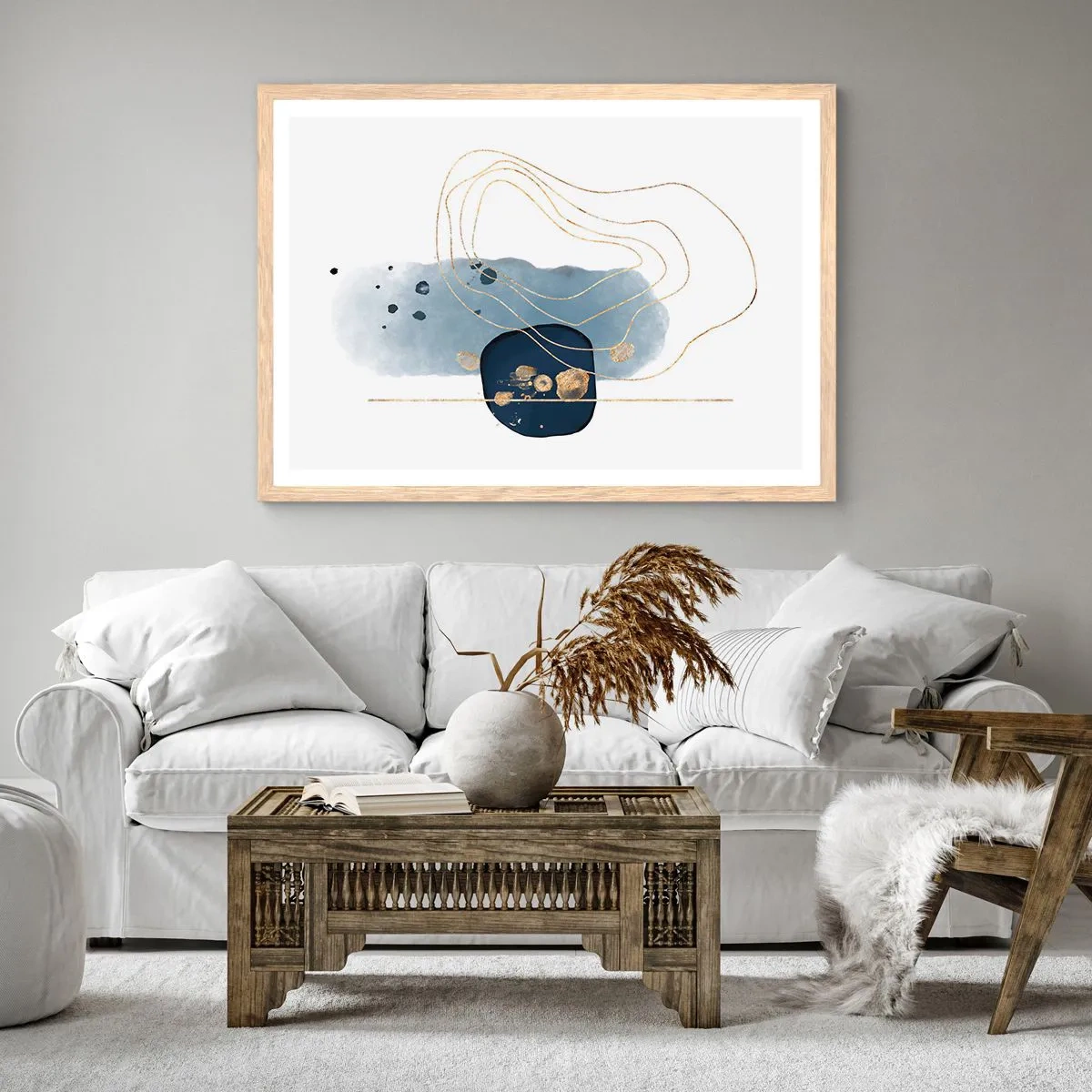 Poszter világos tölgy keretben - Kékes-arany fantázia - 70x50 cm