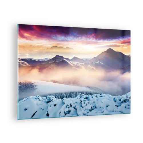 Üveg kép - Téli hegyi táj lenyugvó nappal és köddel - 70x50cm - A természet ereje és tisztasága - Modern fali dekoráció nappalihoz és hálószobához ARTTOR