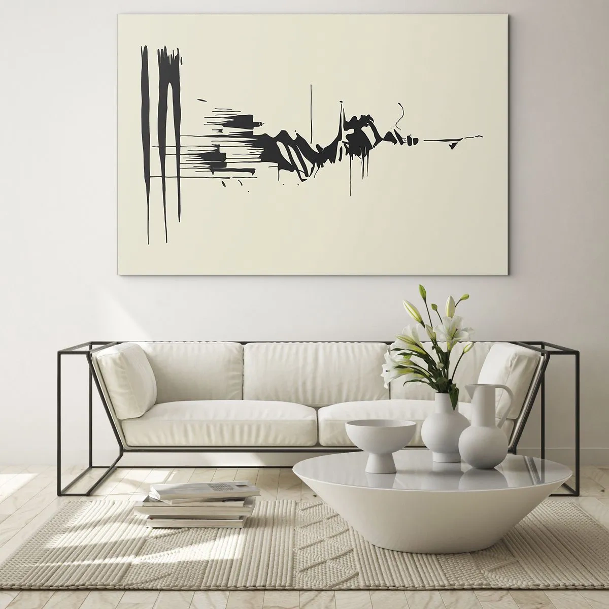 Üveg kép - Fekete dinamikus vonalak és foltok világos háttéren absztrakt stílusban. - 70x50cm - Sietős absztrakció - Modern fali dekoráció nappalihoz és hálószobához ARTTOR