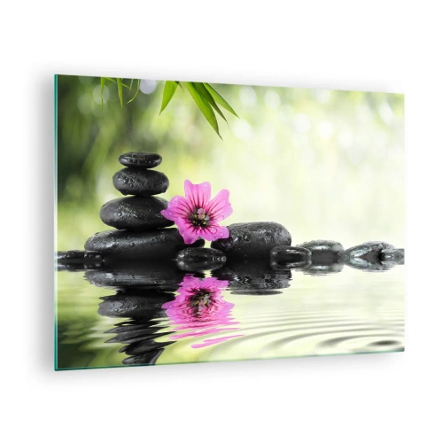 Üveg kép - Fekete kövek és egy rózsaszín virág a természet hátterében - 70x50cm - Idő a léleknek - Modern fali dekoráció nappalihoz és hálószobához ARTTOR