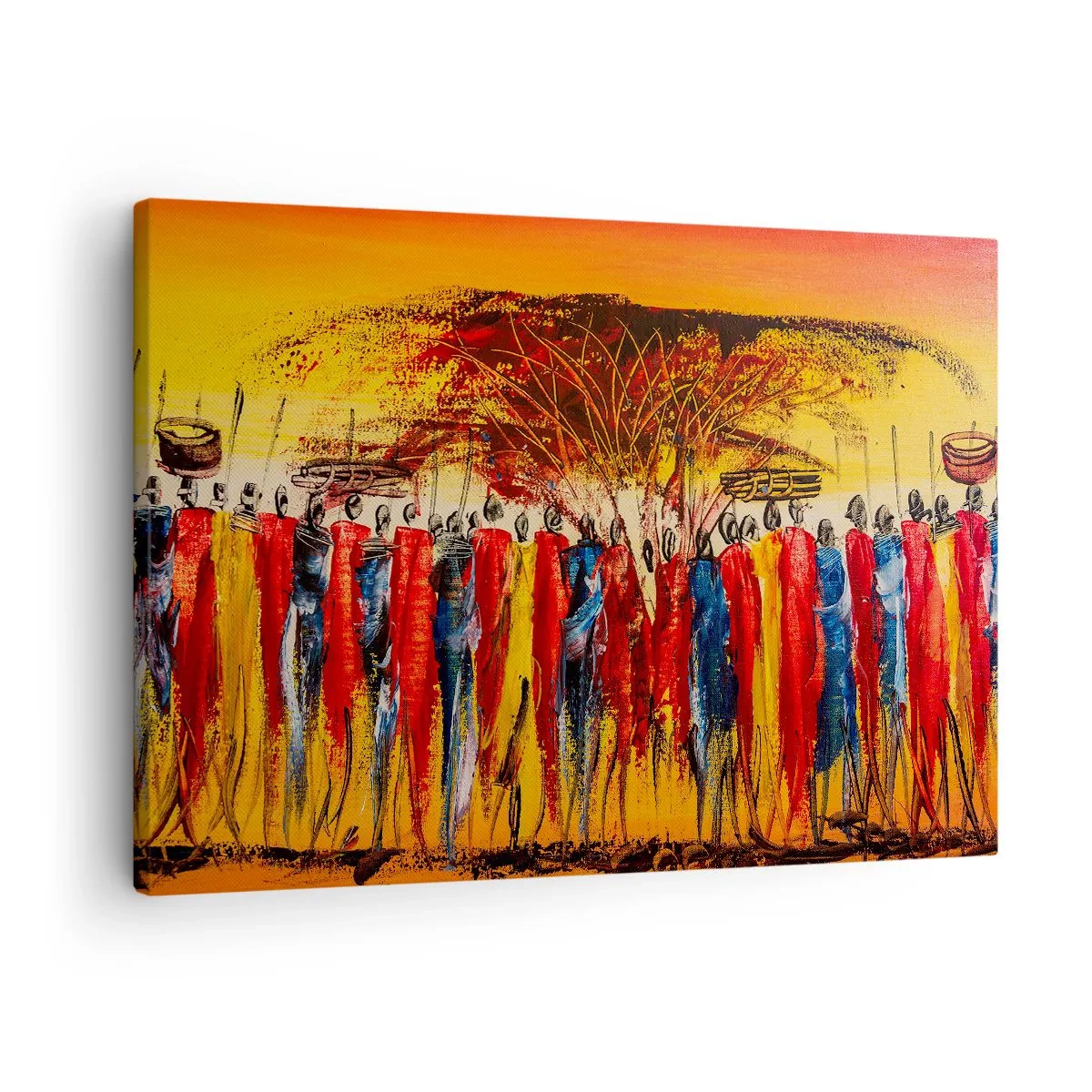Vászonkép - Egy színes jelenet afrikai alakokkal a lenyugvó nap hátterében. - 70x50cm - Oda, oda, oda oda mennek - Modern fali dekoráció nappalihoz és hálószobához ARTTOR