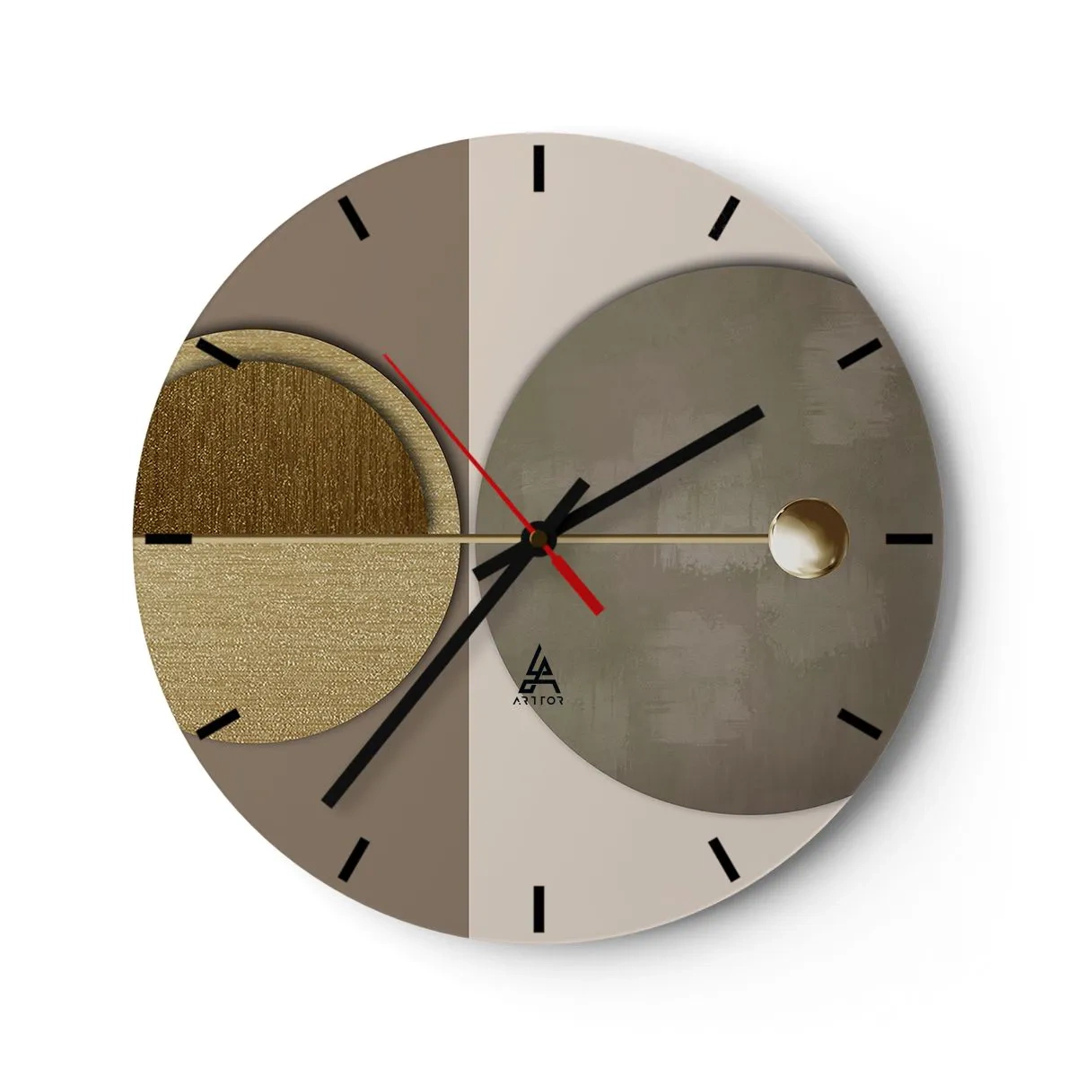 Falióra, Óra - Arany és bézs geometriai formák kontrasztos háttér előtt - 30x30cm - Tökéletes egyensúly - Modern fali dekoráció nappalihoz, konyhához és hálószobához ARTTOR