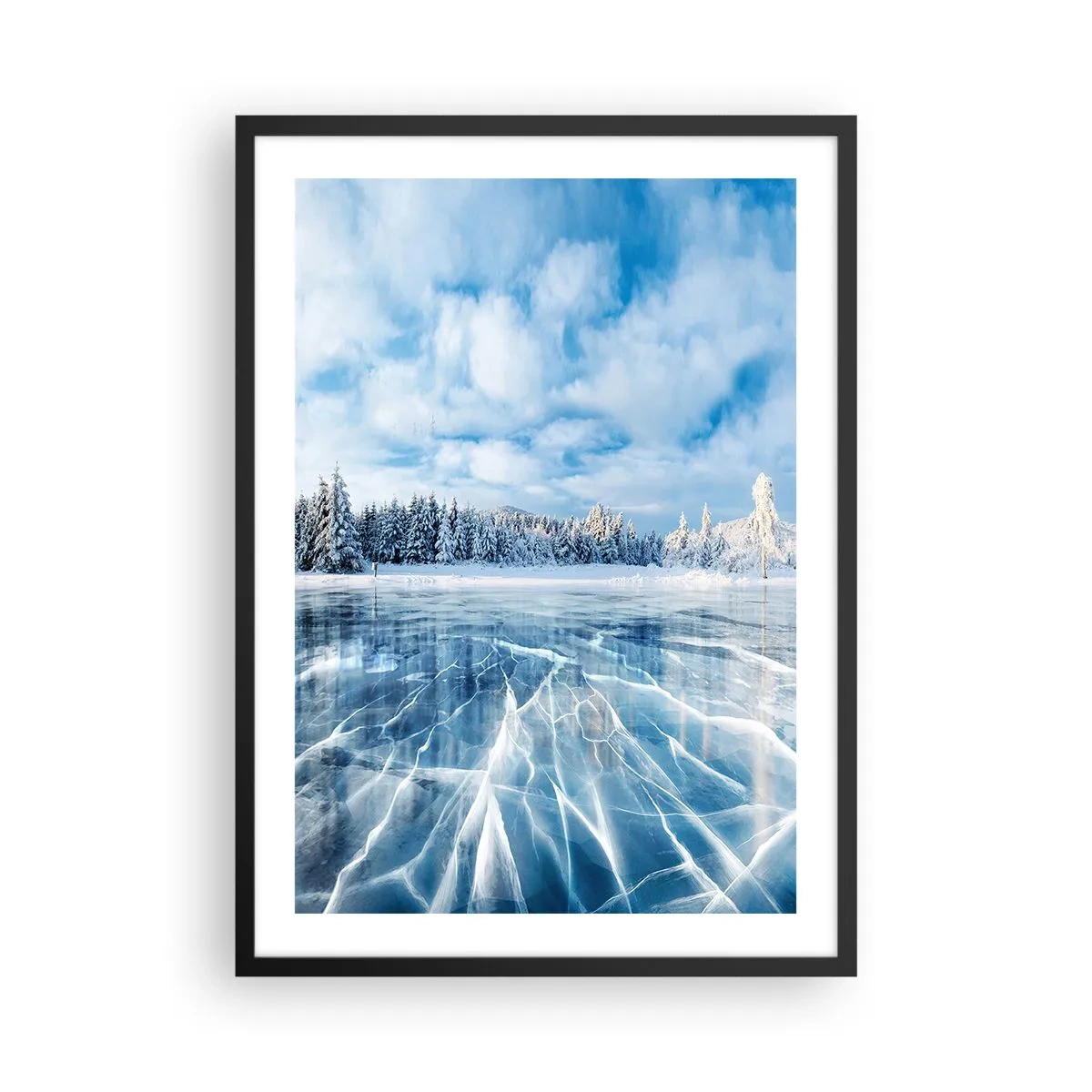 Poszter fehér keretben - Egy befagyott tó téli tájban - 50x70cm - Káprázatos és kristályos látvány - Modern fali dekoráció nappalihoz és hálószobához ARTTOR