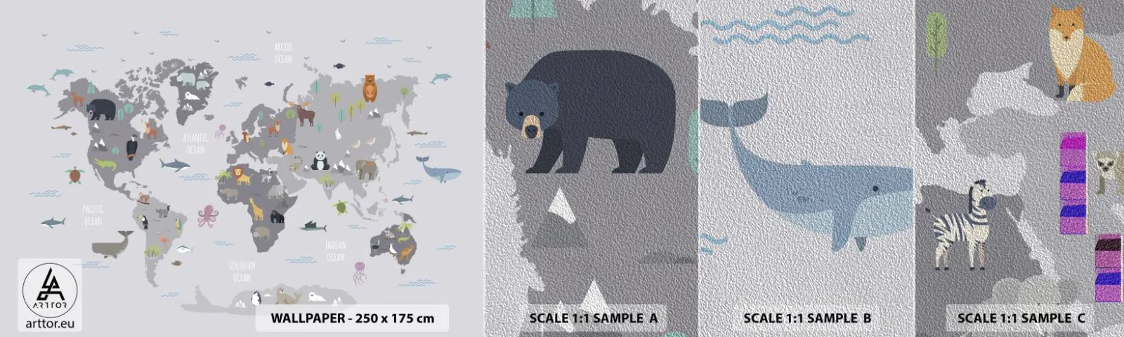 Fotótapéta Minta Premium Sand - Mondd meg, hogy honnan jöttél... - Világtérkép, Állatok, Kontinensek - 100x30 cm