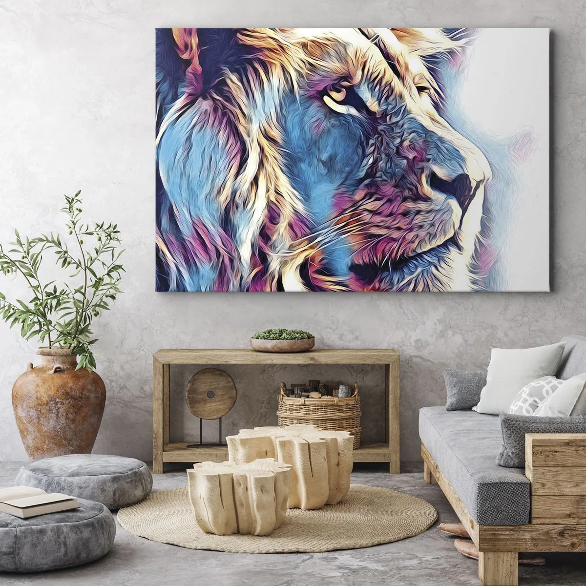Vászonkép - Oroszlánportré élénk, absztrakt színekben - 70x50cm - A természet bölcsessége - Modern fali dekoráció nappalihoz és hálószobához ARTTOR