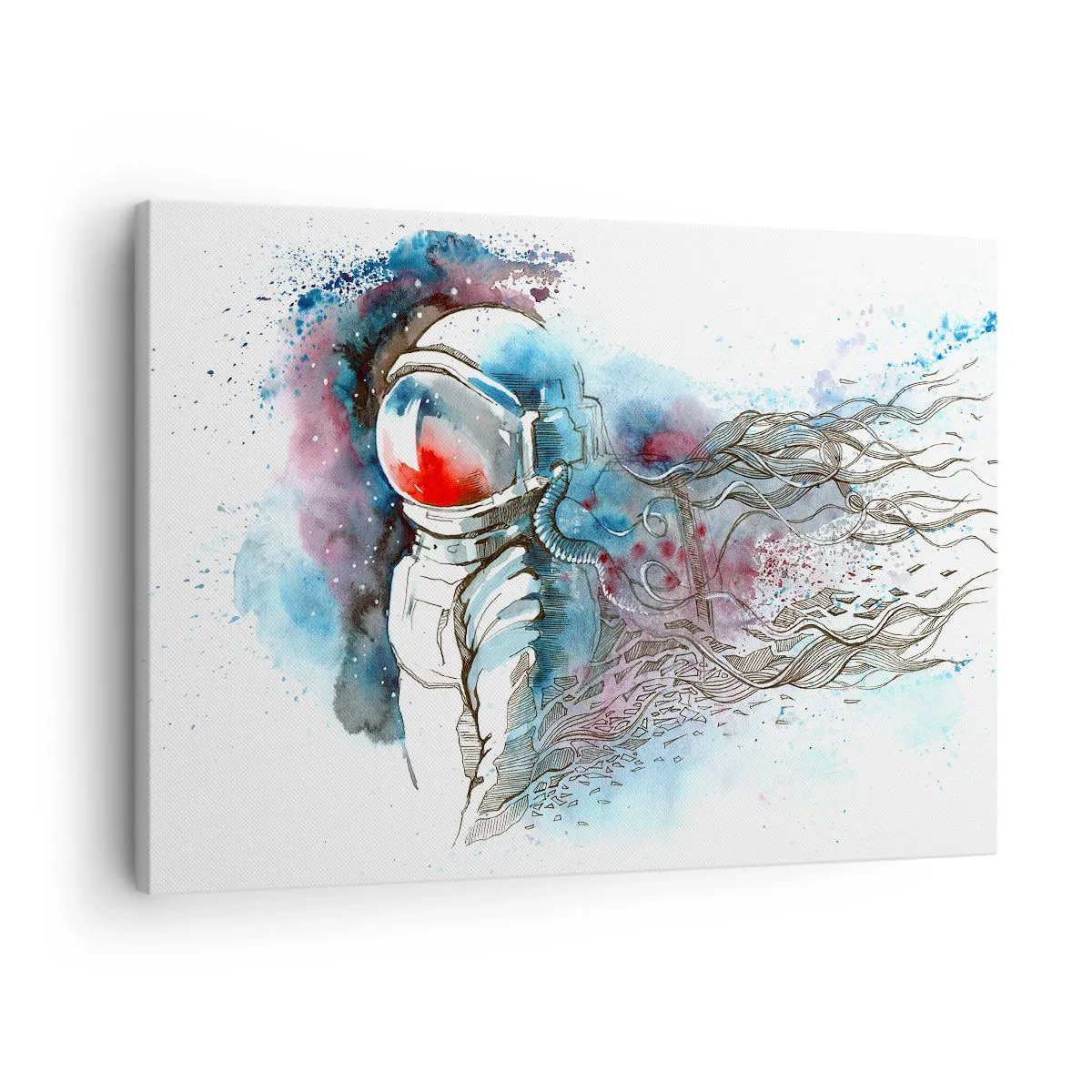 Vászonkép - Egy kozmonauta dinamikus akvarellben, kozmikus részletekkel - 70x50cm - Egy az egyben az űrrel - Modern fali dekoráció nappalihoz és hálószobához ARTTOR