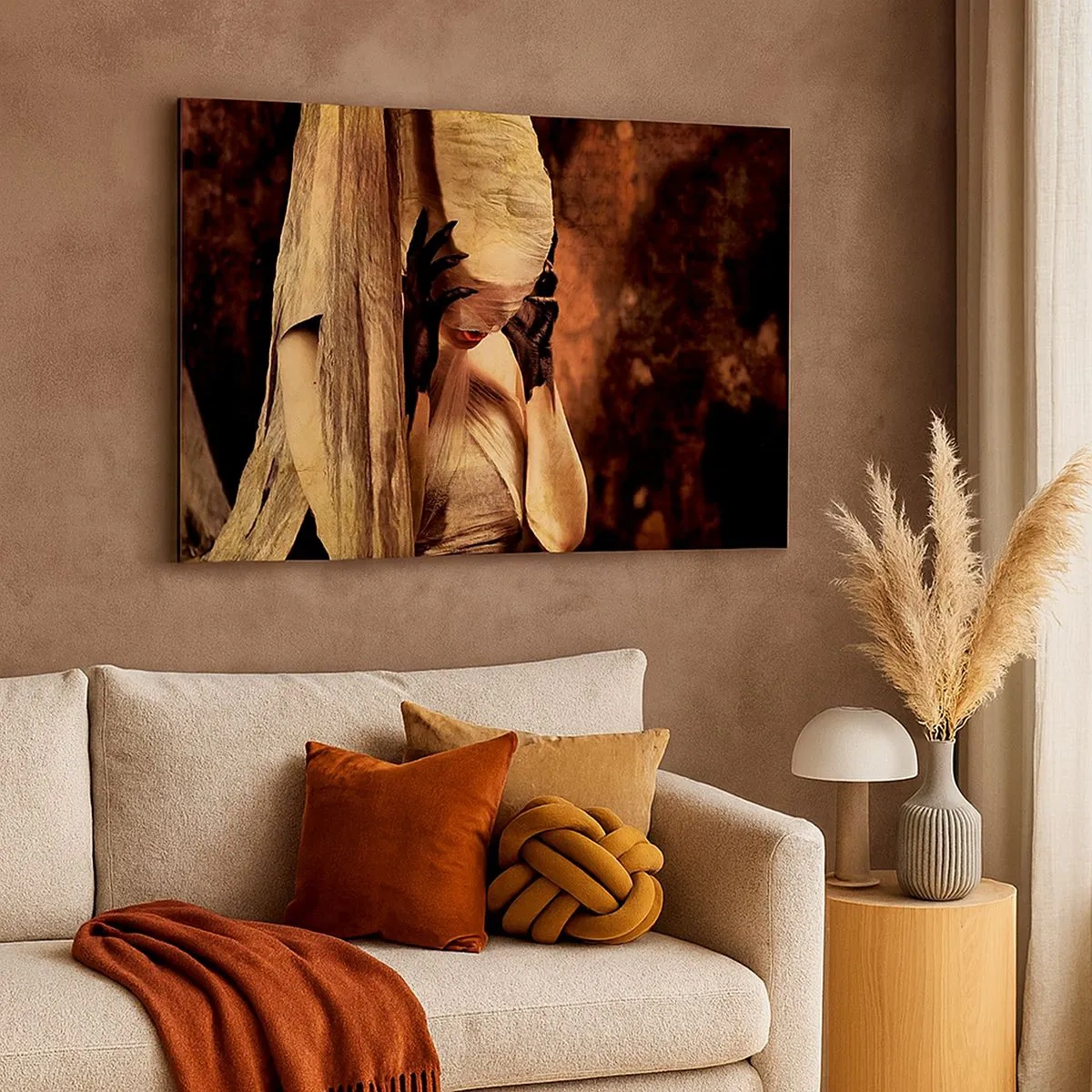 Vászonkép - Egy nő fátyolban, titokzatos stílusban, sötét háttér előtt - 70x50cm - A jó és a rossz között - Modern fali dekoráció nappalihoz és hálószobához ARTTOR