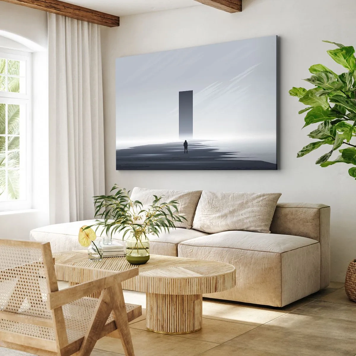 Vászonkép - Minimalista tájkép sziluetttel egy téglalap alakú monolit mellett - 70x50cm - Lehetőség vagy fenyegetés? - Modern fali dekoráció nappalihoz és hálószobához ARTTOR