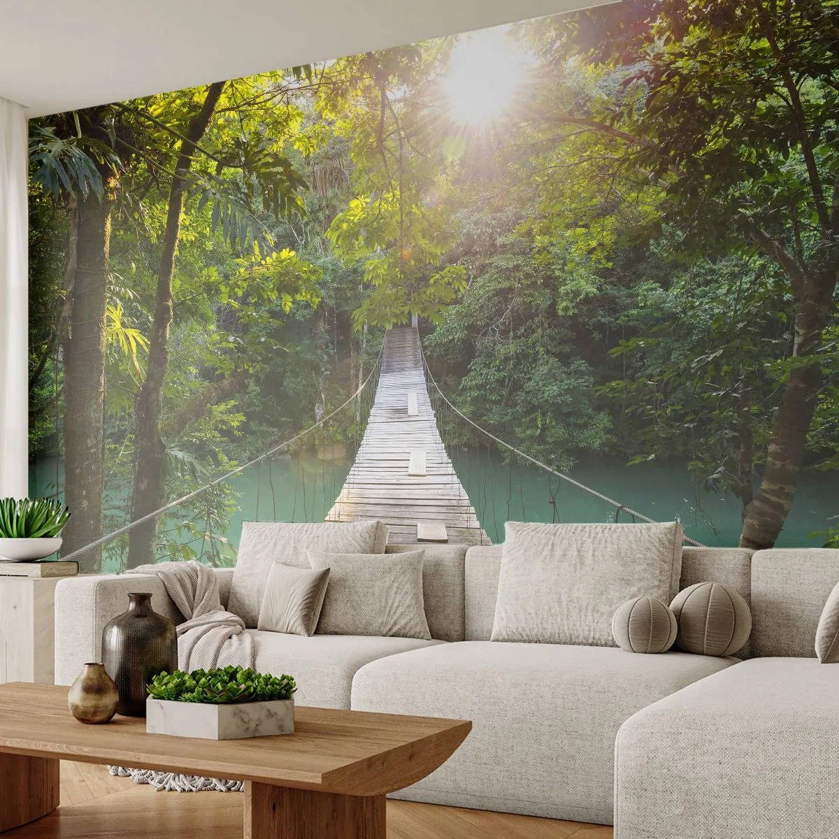 Fotótapéta Premium Canvas - Az azúrkék vízen át az azúrkék erdőbe - Tájkép, Dzsungel, Fa híd - 250x175 cm