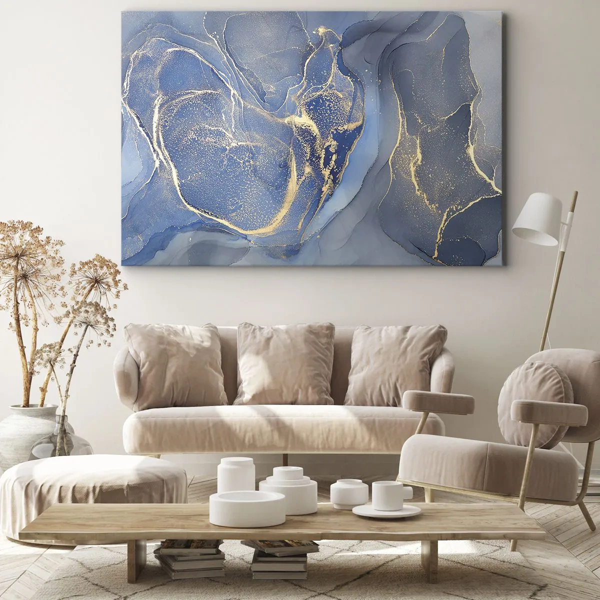 Vászonkép - Absztrakt kék minták arany díszítéssel - 70x50cm - Arany por - Modern fali dekoráció nappalihoz és hálószobához ARTTOR
