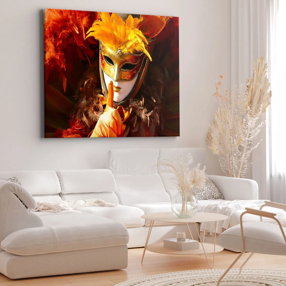 Vászonkép - Karneváli maszk arany és narancs árnyalatokban - 70x50cm - A rejtély a játék része - Modern fali dekoráció nappalihoz és hálószobához ARTTOR