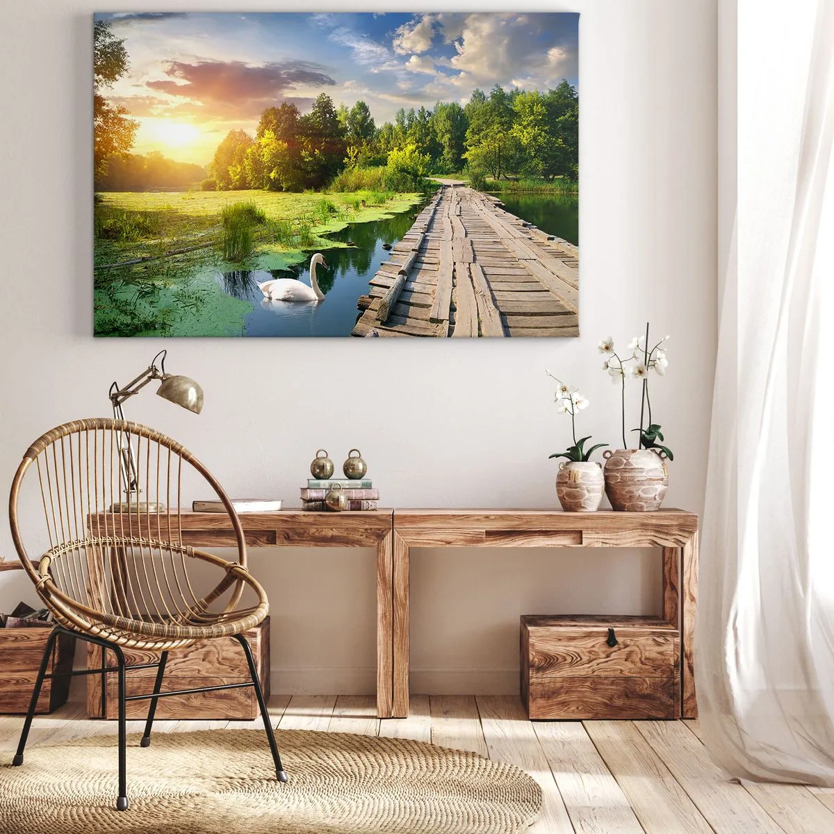 Vászonkép - Festői táj híddal és hattyúval - 70x50cm - Nyár, mindenhol nyár - Modern fali dekoráció nappalihoz és hálószobához ARTTOR