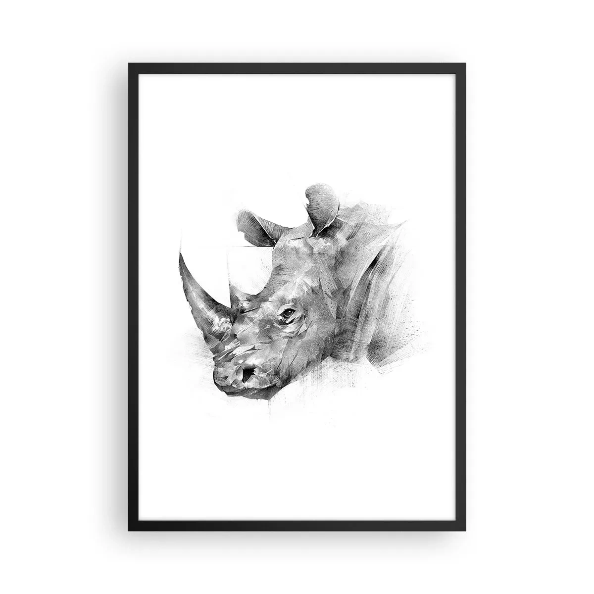 Poszter fehér keretben - Orrszarvú fekete-fehér grafikus rajza - 50x70cm - Afrikai portré - Modern fali dekoráció nappalihoz és hálószobához ARTTOR