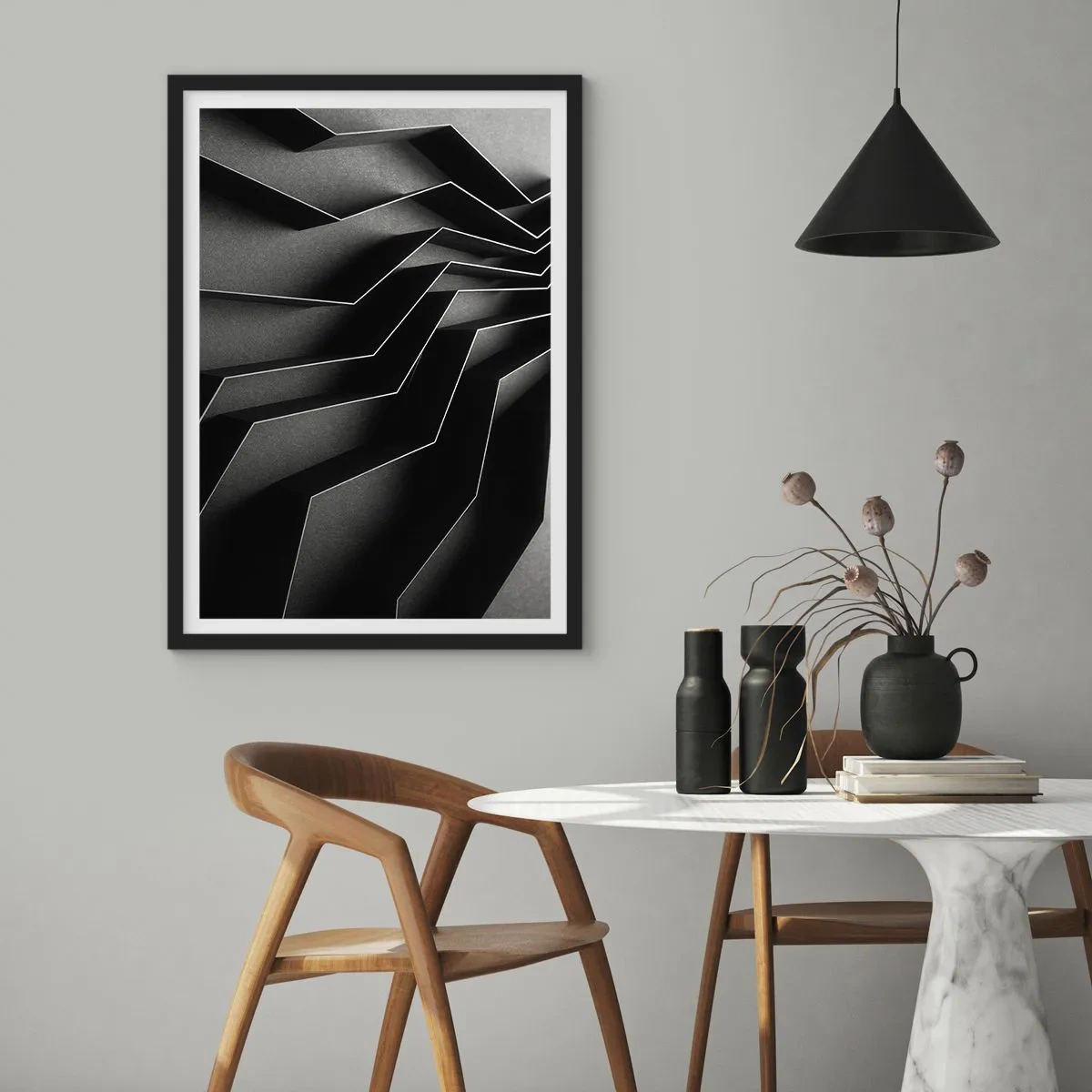 Poszter fehér keretben - Geometrikus, térbeli struktúrák fekete-fehér kompozíciója - 50x70cm - Térbeli rend - Modern fali dekoráció nappalihoz és hálószobához ARTTOR