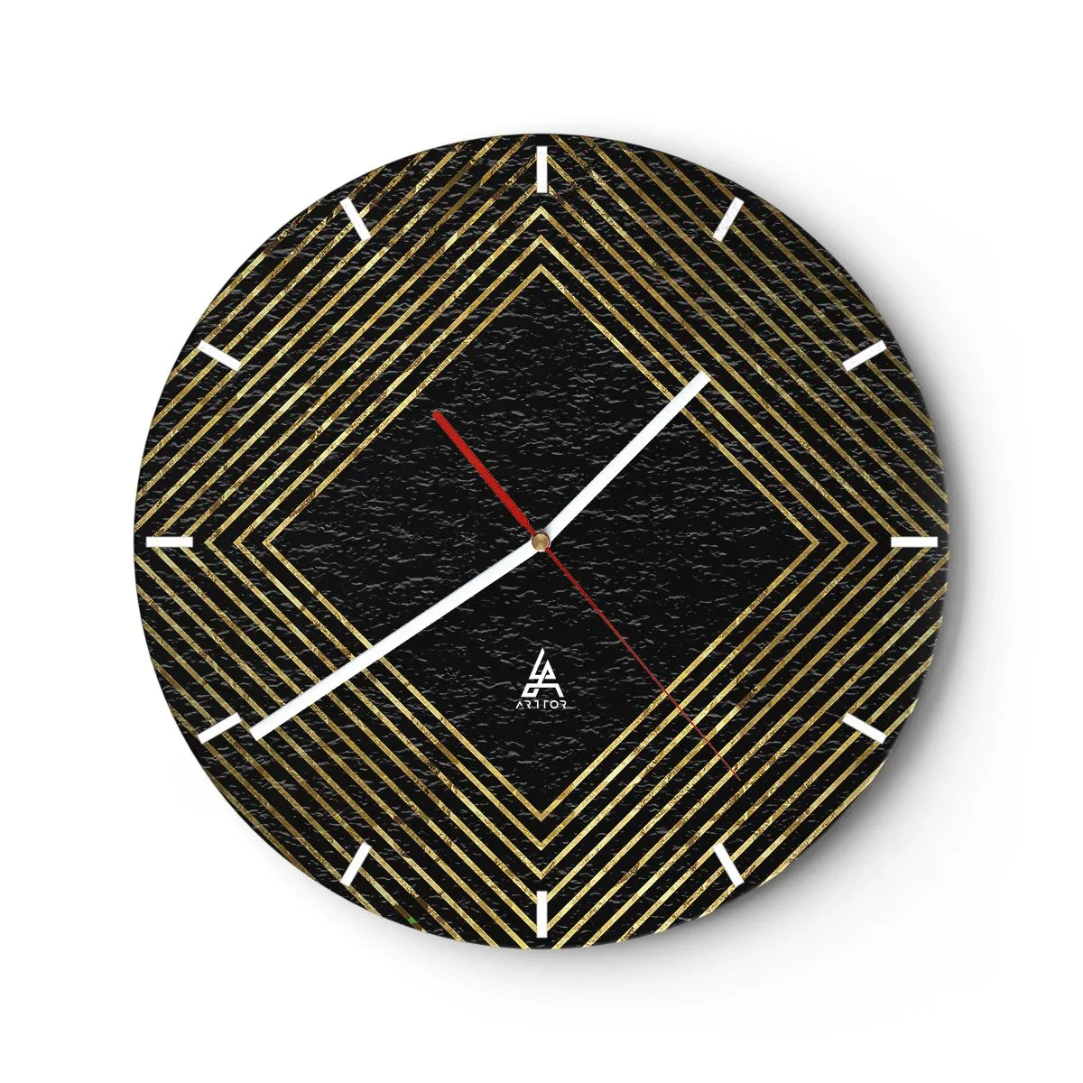 Falióra, Óra - Arany vonalak alkotnak rombuszt fekete háttéren - 30x30cm - Geometria glamour stílusban - Modern fali dekoráció nappalihoz, konyhához és hálószobához ARTTOR