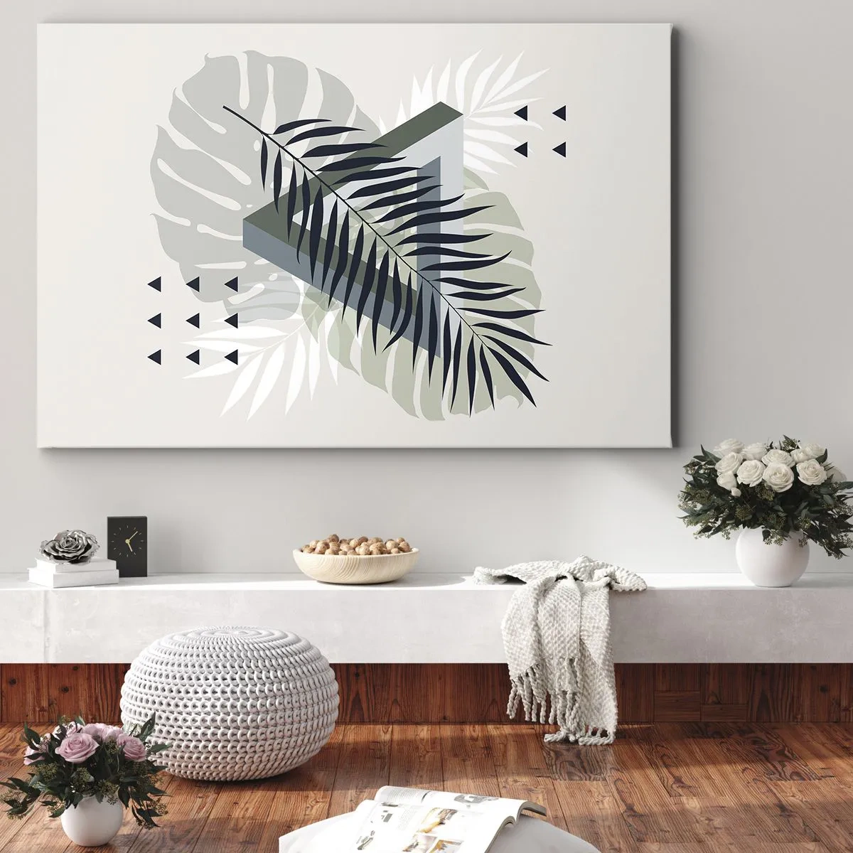 Vászonkép - Geometrikus kompozíció trópusi levelekkel zöld árnyalatokban - 70x50cm - Természet és geometria – két rend? - Modern fali dekoráció nappalihoz és hálószobához ARTTOR