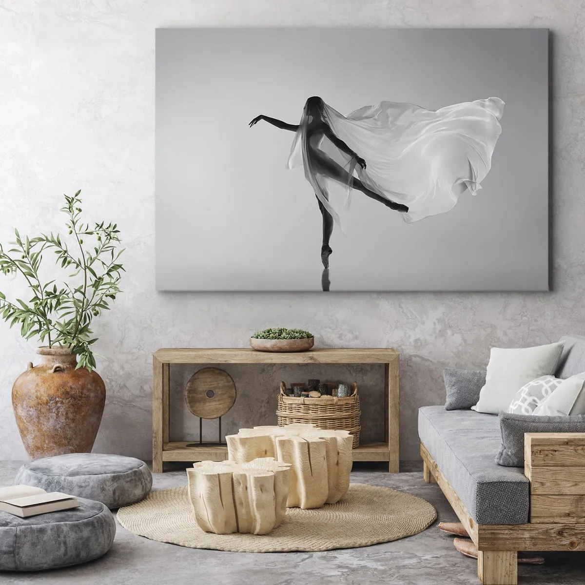 Vászonkép - Egy táncos éteri pózban, áramló anyaggal - 70x50cm - Könnyedség és kecsesség - Modern fali dekoráció nappalihoz és hálószobához ARTTOR