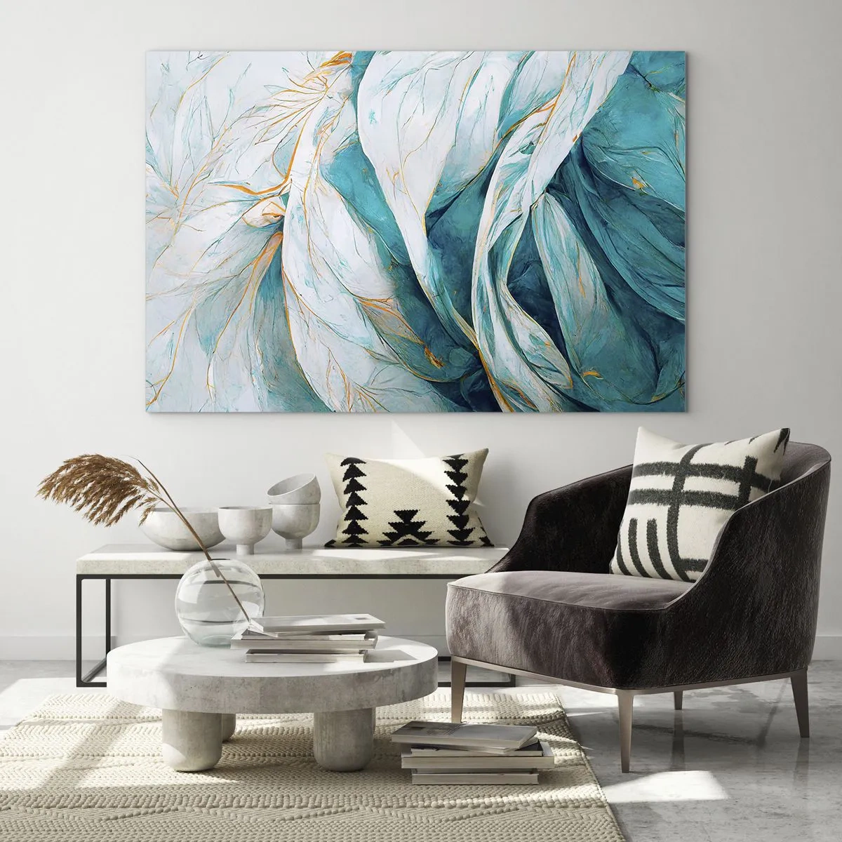 Üveg kép - Organikus absztrakció kék és arany vonalakban - 70x50cm - Kék absztrakció arany motívummal - Modern fali dekoráció nappalihoz és hálószobához ARTTOR