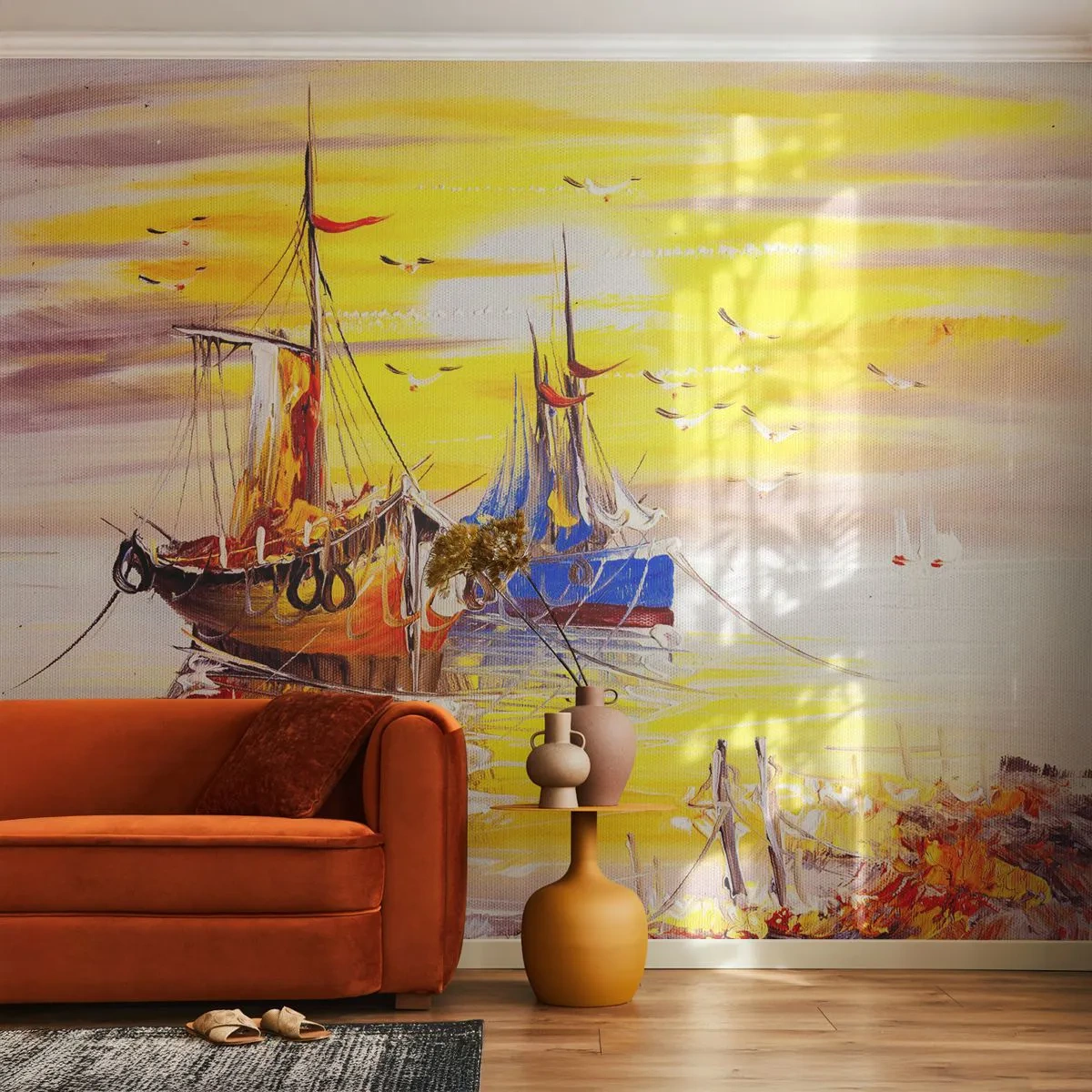Öntapadós Fotótapéta Deluxe Sticker - Megérdemelt pihenés a kikötőben - Halászhajó, Halászat, Madarak - 100x70 cm