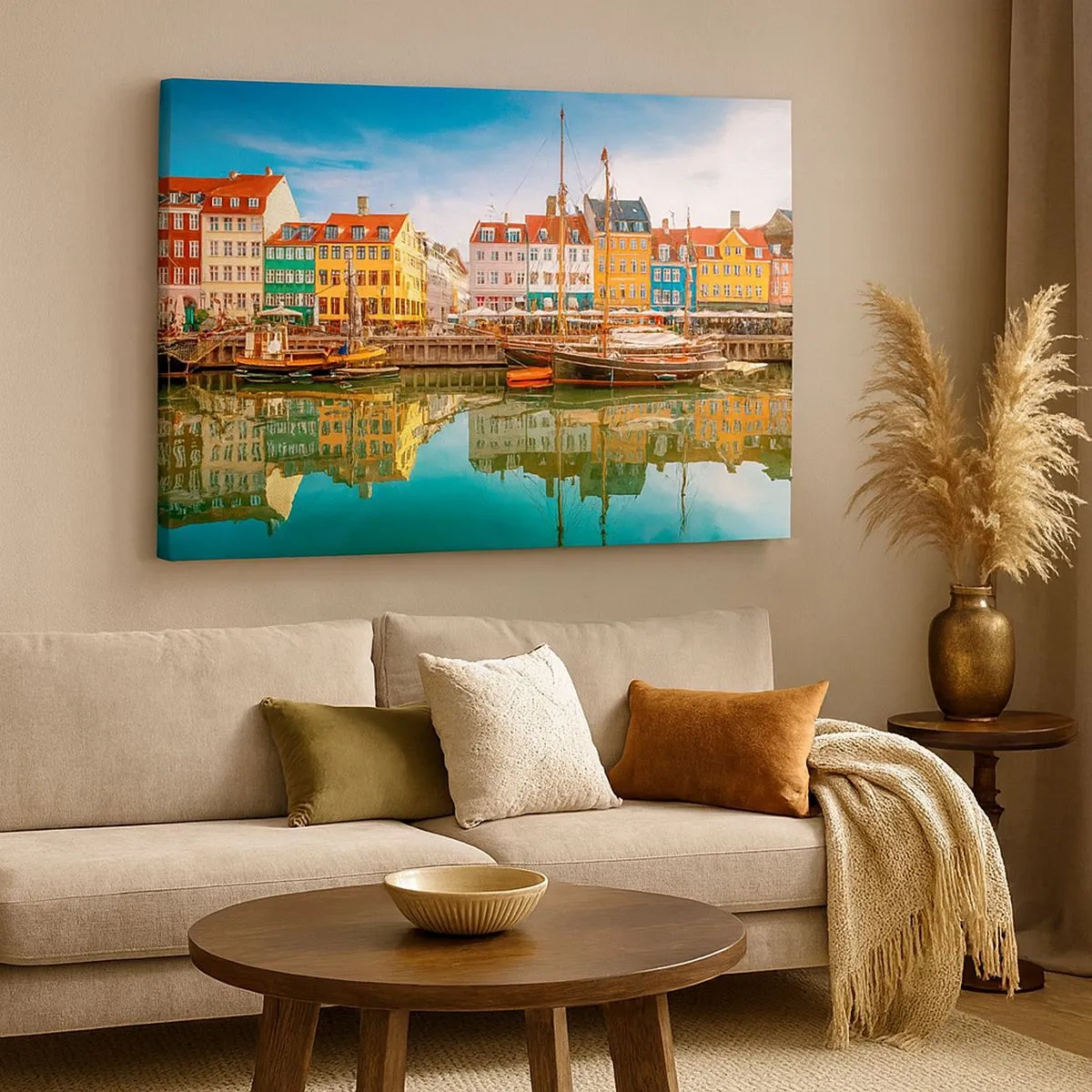 Vászonkép - Színes csatornaházak Koppenhágában - 70x50cm - A tükörsima víz felett - Modern fali dekoráció nappalihoz és hálószobához ARTTOR