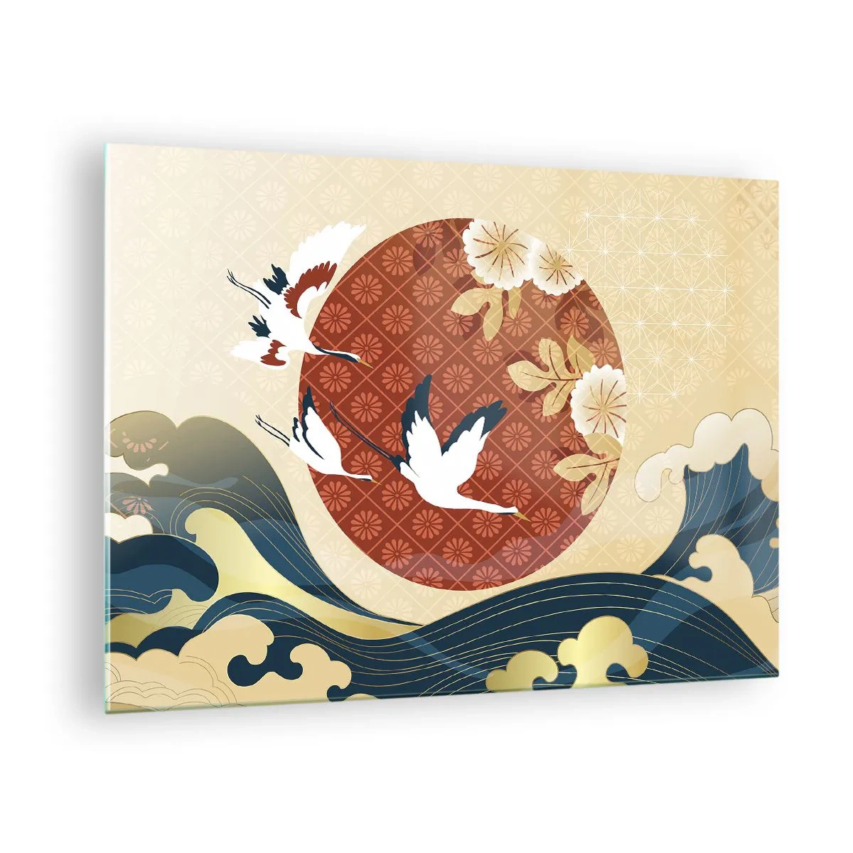 Üveg kép - Japán daruk a hullámok felett egy piros kör hátterében - 70x50cm - Japán mese - Modern fali dekoráció nappalihoz és hálószobához ARTTOR